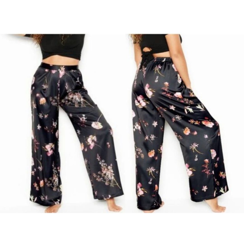 Victoria's Secret Black Floral Wide Leg Pants NWT